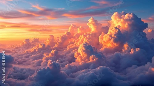 Aerial view panning slowly across majestic clouds during a vibrant sunset in pastel pink, yellow and blue colors. Peaceful sky background illuminated by golden hour light.