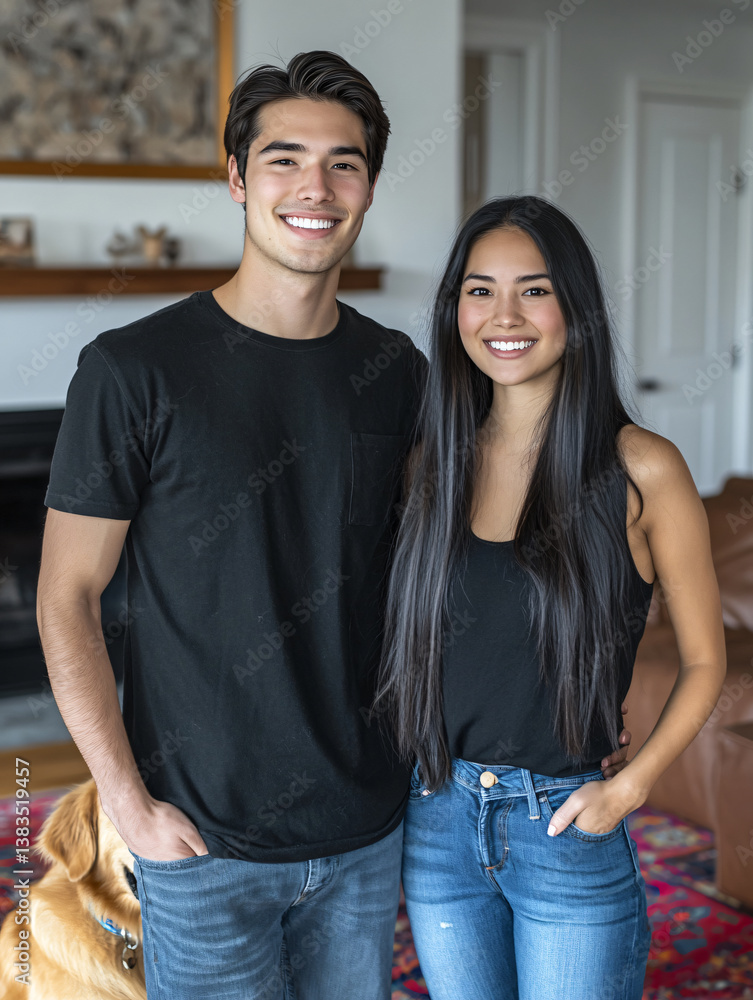 Fototapeta premium Joyful Young Couple with Dogs in Cozy Modern Home - Lifestyle Portrait