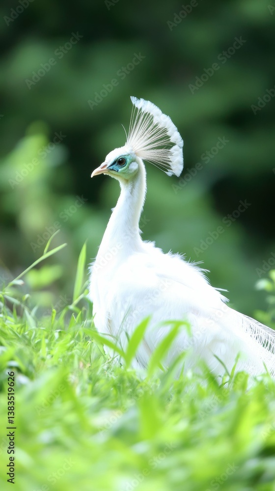 Obraz premium Elegant white peacock in lush green landscape symbol of beauty and grace