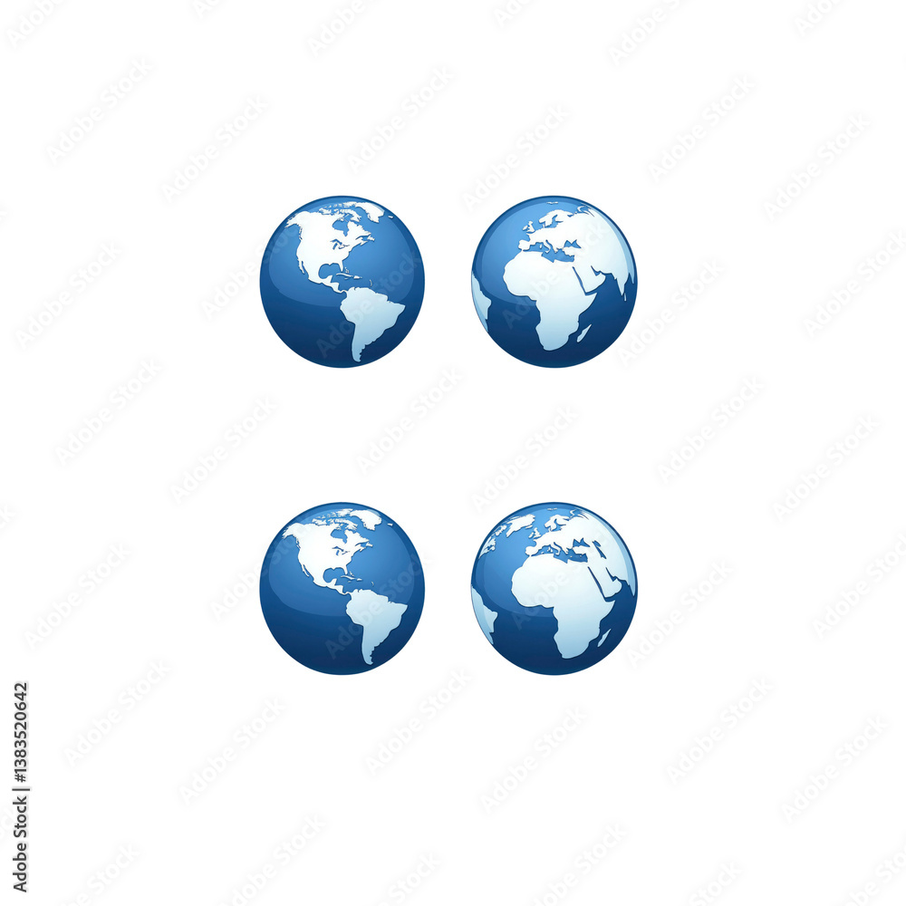 Four Glossy Blue Globes Representing Global Connectivity and International Business Four Glossy Blue Globes Representing Global Connectivity and International Business