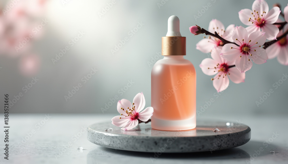 Salmon Facial. Salmon facial product presentation with blossom and water drops on minimalist tray Salmon Facial. Salmon facial product presentation with blossom and water drops on minimalist tray