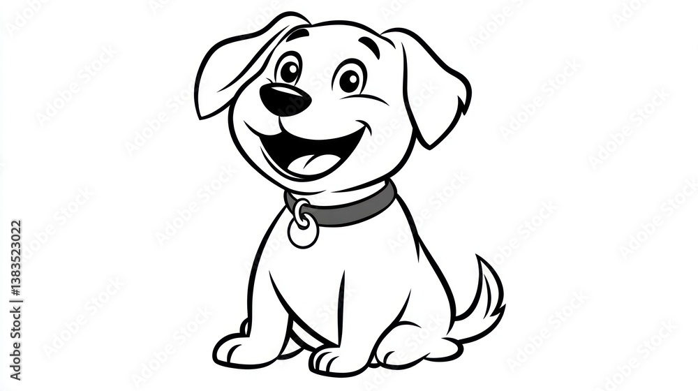 Cartoon puppy sitting, happy expression, coloring book style Cartoon puppy sitting, happy expression, coloring book style