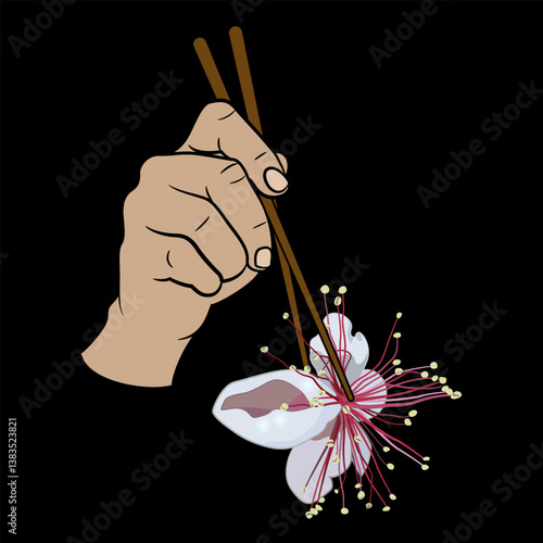 Human hand holding single flower of feijoa plant with chopsticks. Creative funny vegetarian food design.