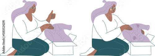 Online Shopping Experience. Happy Customer vs. Disappointed Buyer with a Defective Product