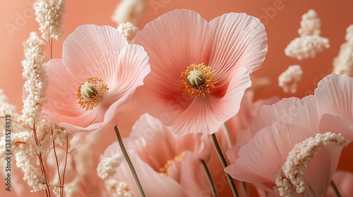 Pink flowers blooming gently against a soft pastel colored backdrop