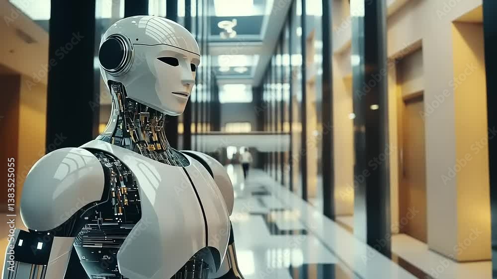 A sleek, white humanoid robot stands poised in a modern, futuristic architectural hallway environment. A sleek, white humanoid robot stands poised in a modern, futuristic architectural hallway environment.