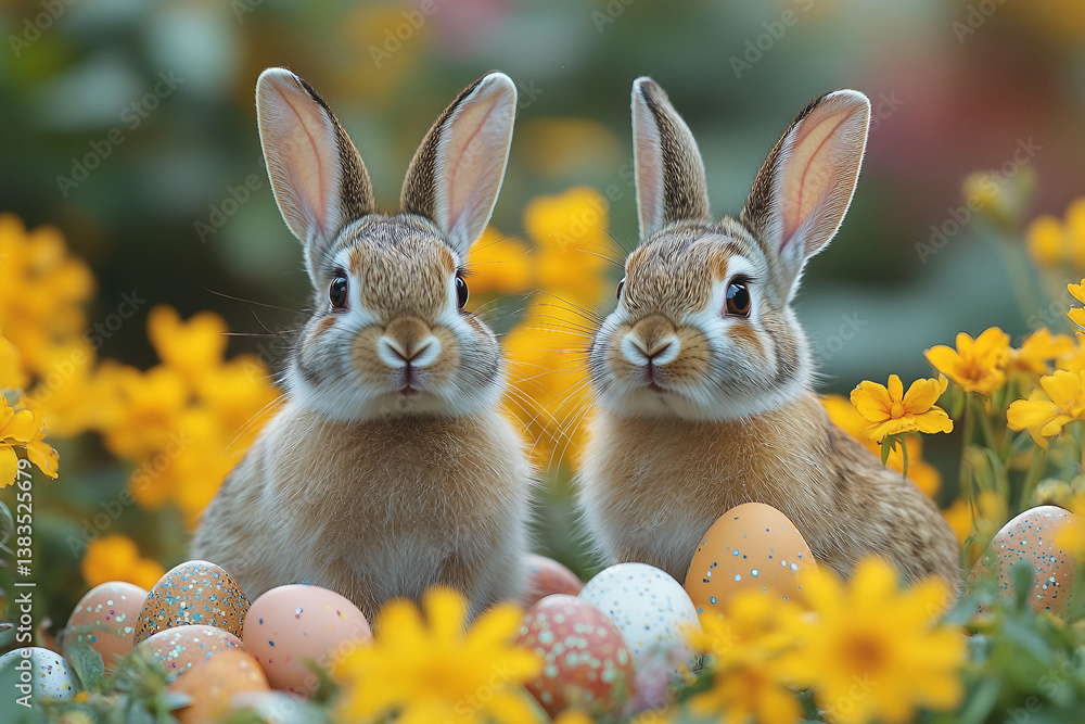 Fototapeta premium Adorable Easter bunny with decorative painted eggs, perfect Paschal holiday celebration composition, generative AI