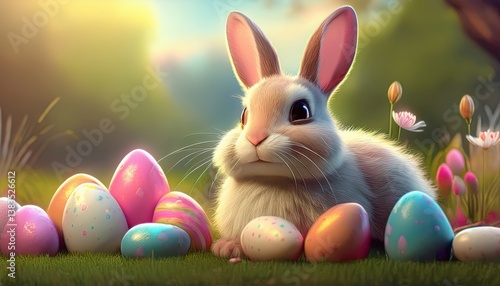 A cute bunny relaxes among pastel-colored Easter eggs in a sunny spring meadow.