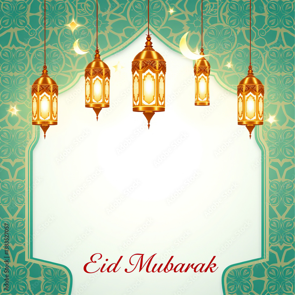 Fototapeta premium Decorative lanterns and crescent moon create an inviting atmosphere for joyous celebrations during a festive occasion