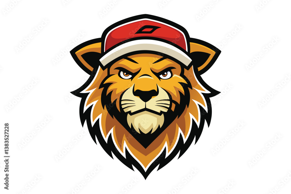 Cartoon lion head wearing red cap mascot logo on a white background Cartoon lion head wearing red cap mascot logo on a white background