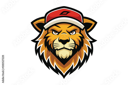 Cartoon lion head wearing red cap mascot logo on a white background