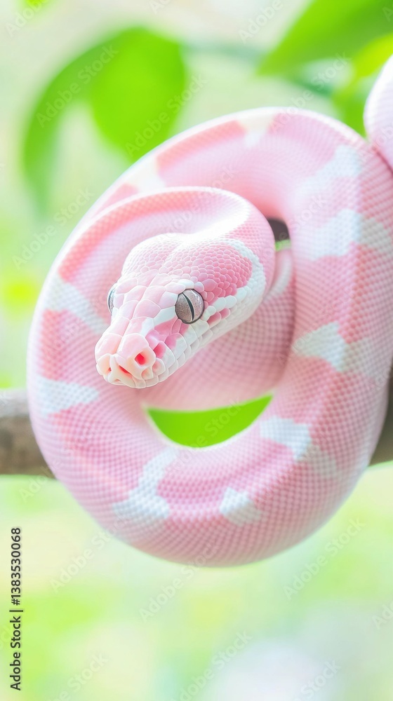 Fototapeta premium Pink and white albino python coiled on branch in natural habitat