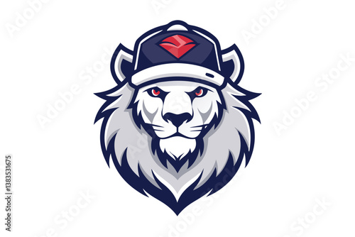 Fierce Lion Head with a Baseball Cap, Red Eyes, Gray Fur on White Background