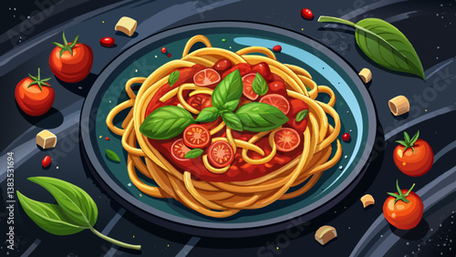 Pasta Bolognese with spices, Italian pasta dish with minced meat and tomatoes in a dark plate on a stone background