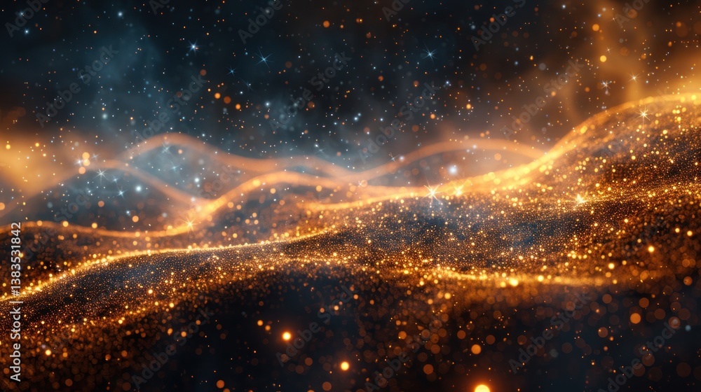 Naklejka premium Golden cosmic waves in a nebula-like space background