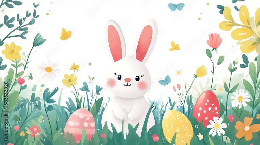 Cute cartoon rabbit surrounded by colorful flowers and Easter eggs in a vibrant spring garden setting Cute cartoon rabbit surrounded by colorful flowers and Easter eggs in a vibrant spring garden setting
