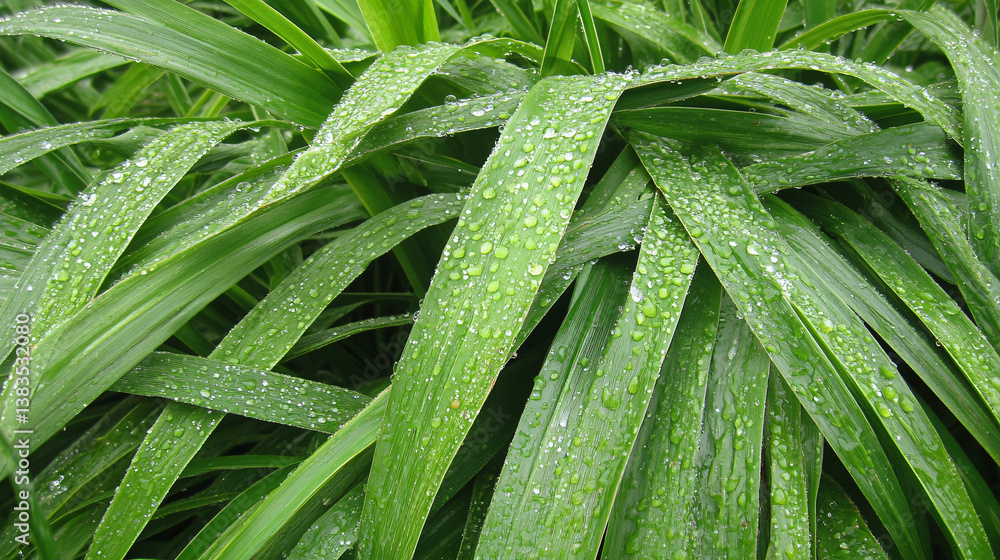 Fototapeta premium Vibrant Green Leaves Close-Up with Rain Droplets: Foliage Photography Capturing Nature's Freshness and Ecological Balance in Botanical Gardens