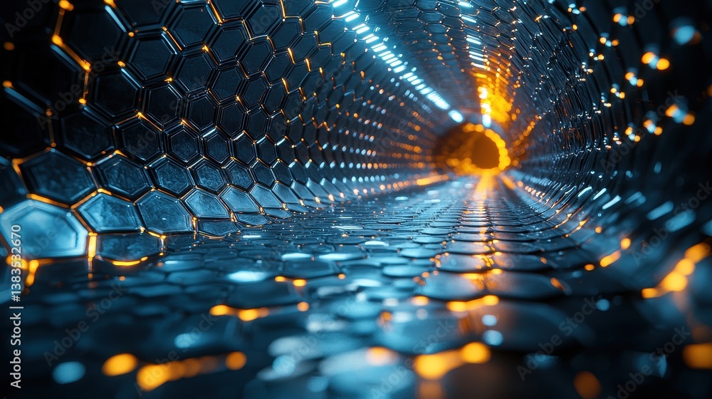 Obraz premium A mesmerizing geometric tunnel, composed of neon-lit hexagons, receding infinitely into the distance, creating a surreal and hypnotic illusion of infinite space and futuristic depth. 