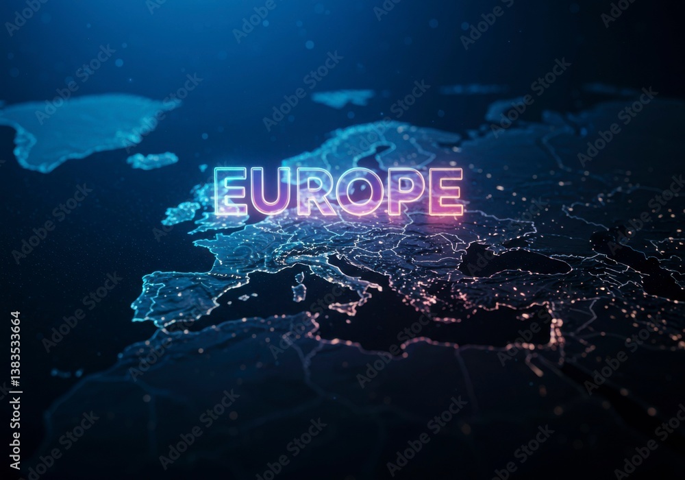 Obraz premium Digital map of Europe, highlighted with glowing lines and dots