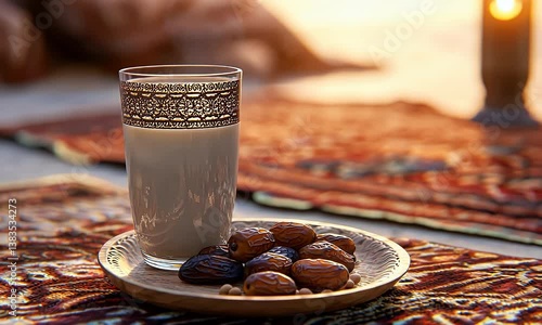 Milk drink with dates on a desert rug