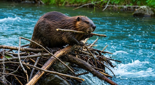A furry beaver hard at work on its dam, skillfully navigating the river with branches in its mouth against a backdrop of lush greenery.