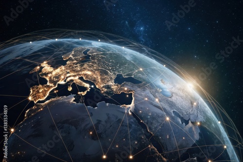 world health day A view of Earth from space, showcasing illuminated continents and a network of connections.