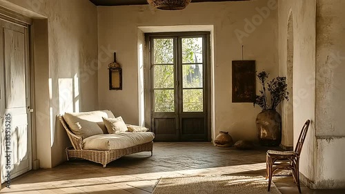 A sunlit, rustic interior space features a woven sofa, plants, and a view of nature outside.