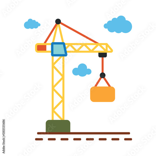 Construction crane lifting block vector illustration. Colorful flat-style of construction crane lifting yellow block with clouds, ideal for kids content about building toy cars
