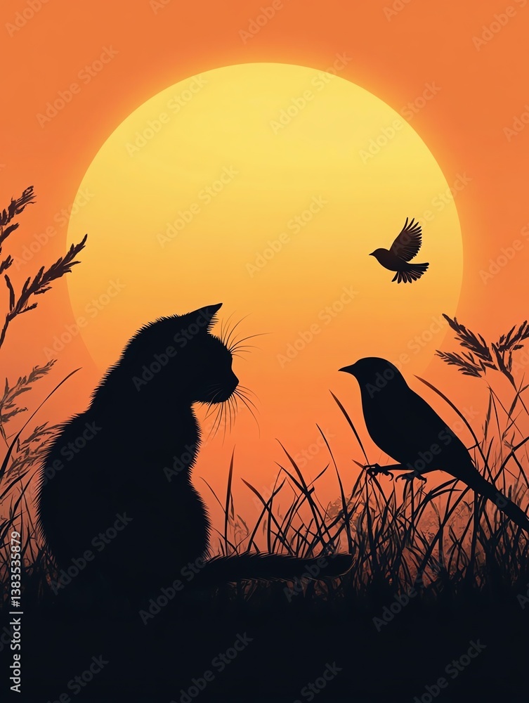Naklejka premium Silhouette of a cat and bird at sunset