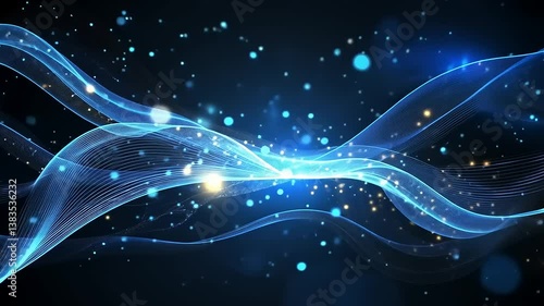 Abstract digital art with flowing blue lines and sparkling particle effects on a dark background.