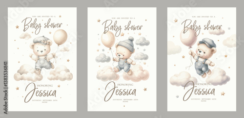 Set of Watercolor New born baby shower invitation. Greeting card with teddy bear, Balloon, clouds and stars.