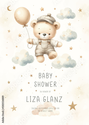 Cute baby shower watercolor invitation card for new born celebration. With plush teddy bear with balloon around clouds and stars.