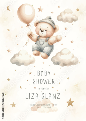 Cute baby shower watercolor invitation card for new born celebration. With plush teddy bear with balloon around clouds and stars.