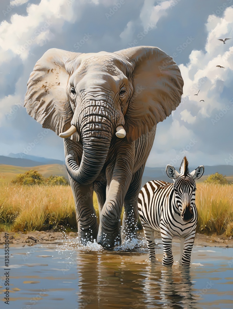 Fototapeta premium Majestic elephant and zebra in tranquil water.