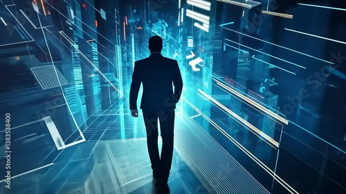 A lone figure in a suit walks through a futuristic, digitized cityscape made of data.