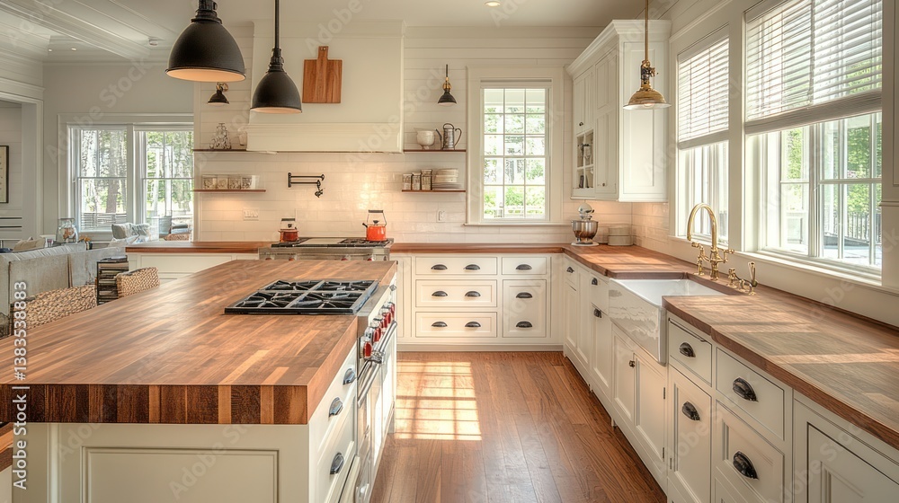 Fototapeta premium Bright kitchen island, hardwood floors, sunny windows, white cabinets, family home interior design