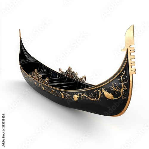 Isolated venetian gondola boat black and gold ornate design travel italy venice tourism traditional vessel