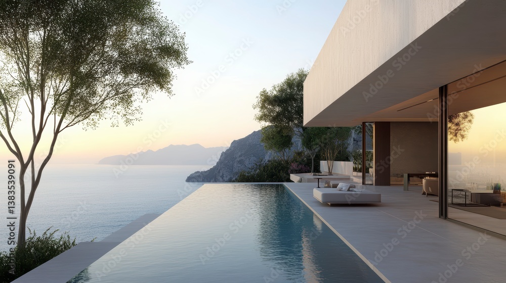 Fototapeta premium Modern cliffside villa with infinity pool overlooking ocean sunset.