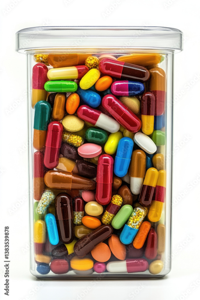 Colorful pills in a transparent container. Colorful pills in a transparent container.
