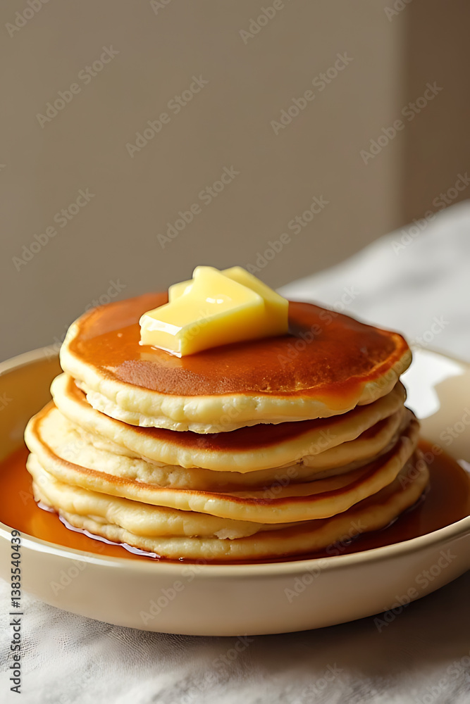 Side view of fluffy pancakes with layers of syrup and butter sheen, placed in a minimal beige bowl, on textured tablecloth, background softly blurred for depth Side view of fluffy pancakes with layers of syrup and butter sheen, placed in a minimal beige bowl, on textured tablecloth, background softly blurred for depth
