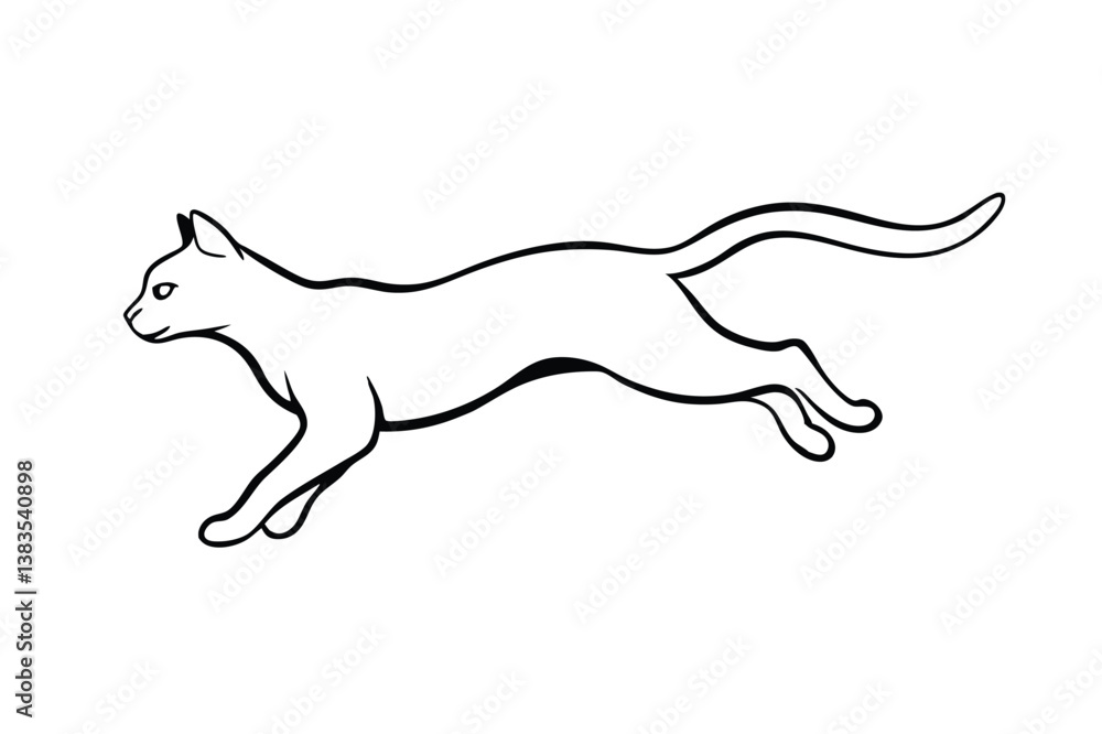 Fototapeta premium Linear Cat Leaping Silhouette, Feline Outline, Simple Line Art, Animal on White