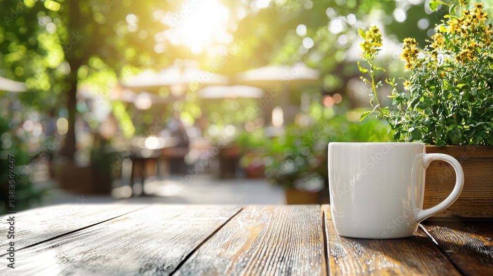 A close-up of an empty white ceramic coffee cup on a wooden table with a blurred outdoor café scene in the background. A close-up of an empty white ceramic coffee cup on a wooden table with a blurred outdoor café scene in the background.