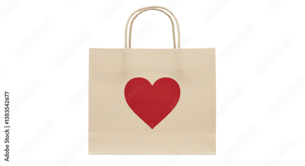 Isolated Beige Paper Bag with Red Heart for Valentine's Day Gift Isolated Beige Paper Bag with Red Heart for Valentine's Day Gift