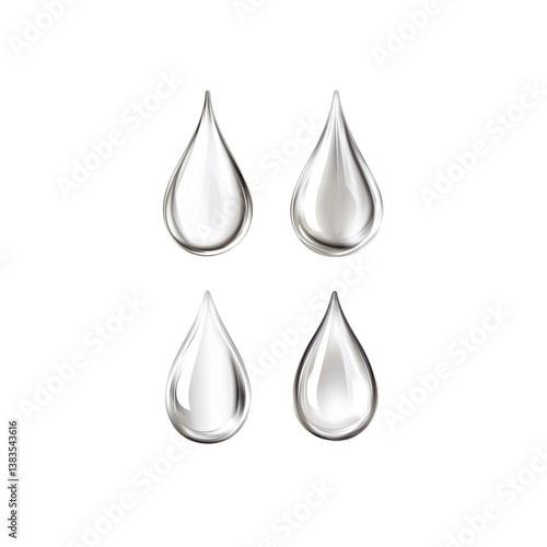 Four Realistic Silver Water Drops, Liquid, Isolated on Transparent background