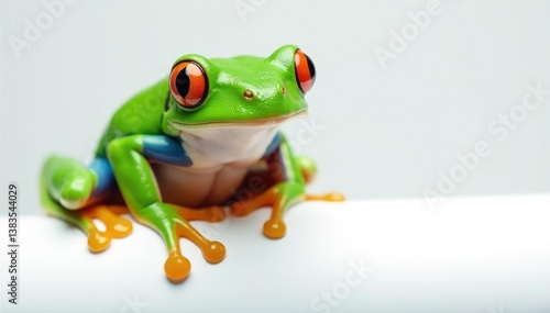 Green tree frog perched on white, vibrant skin, one, sharp, vertebrate