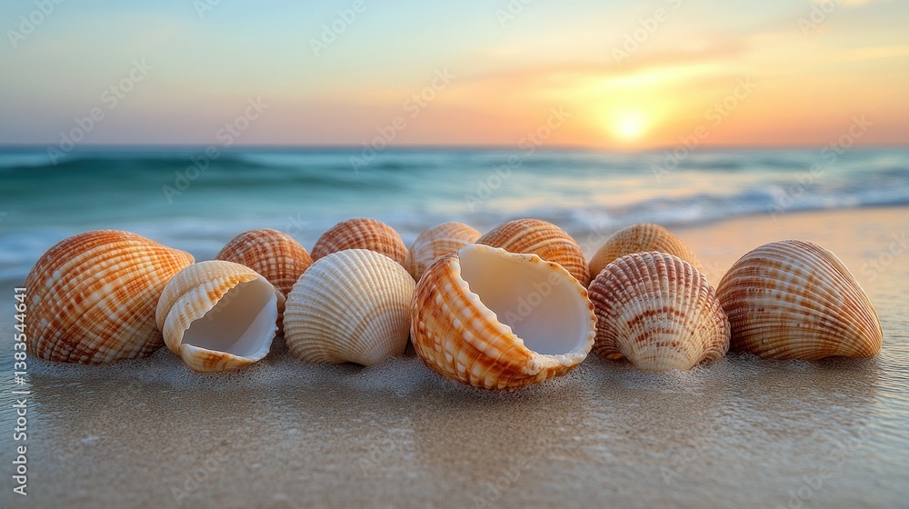 Seashells on beach at sunset Seashells on beach at sunset