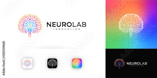 Gradient brain tree logo with neural pathways and spinal cord. Symbol of intelligence, science, innovation, technology. Abstract digital design for branding, apps, UI. Vector illustration