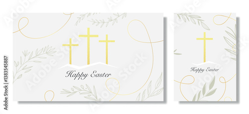 Elegant Easter card design with golden crosses, olive branches, and decorative swirls on a light background. Perfect for religious greetings and celebrations.