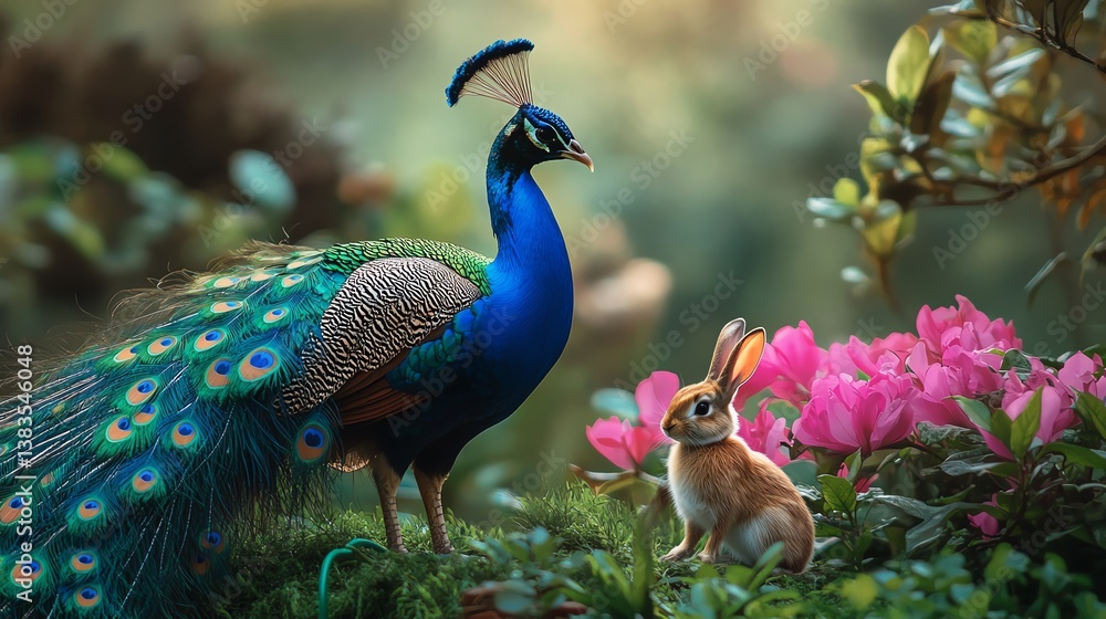 Obraz premium A peacock and rabbit in a colorful garden.