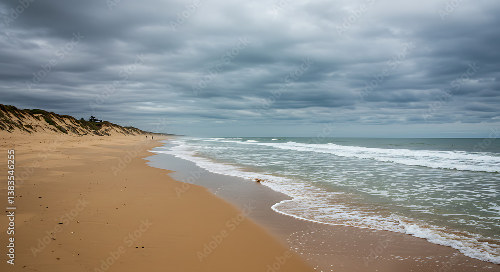 Serene Coastal Scene Sandy Beach Under a Dramatic Cloudy Sky Serene Coastal Scene Sandy Beach Under a Dramatic Cloudy Sky